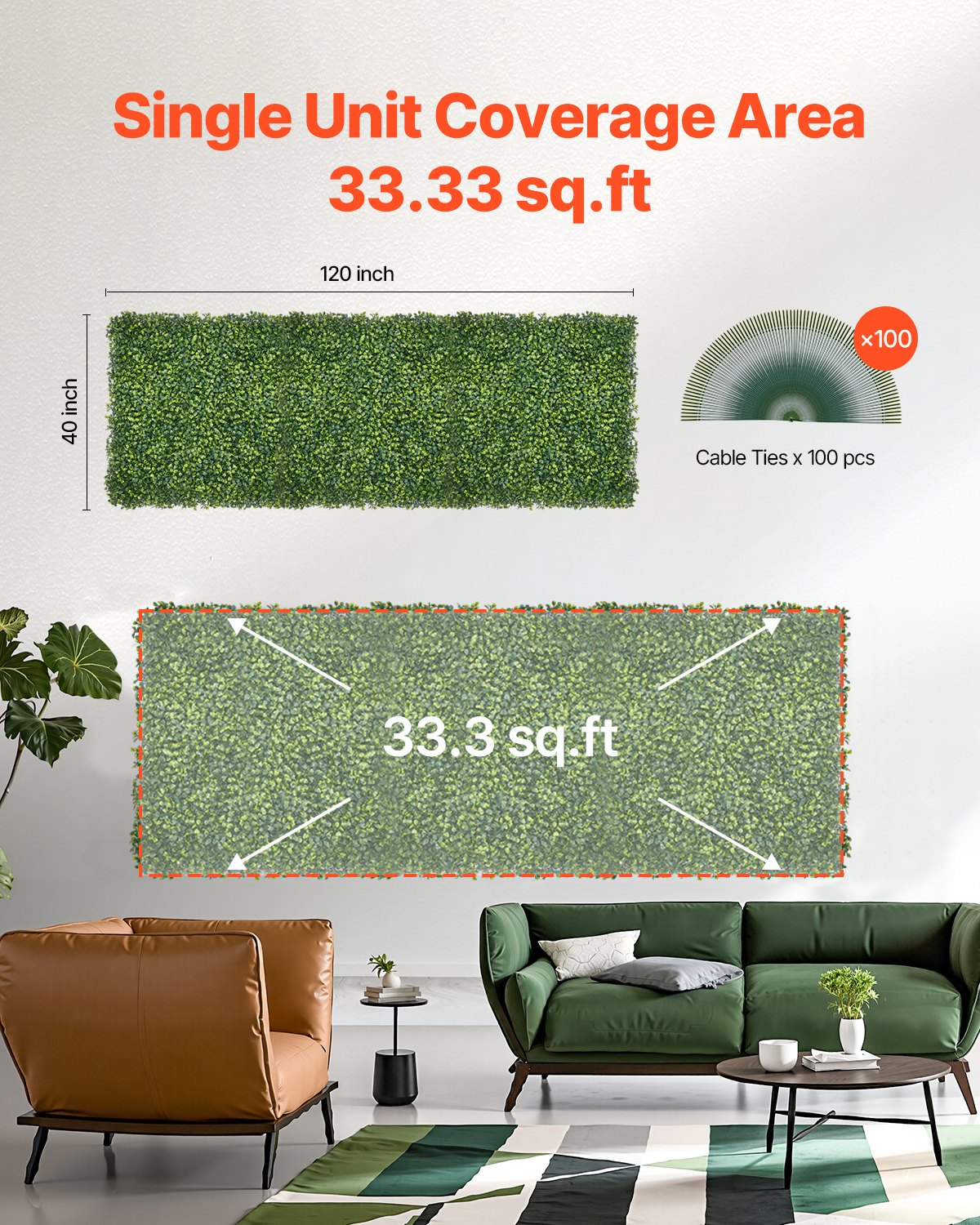 VEVOR Artificial Grass Wall Panels, 40 x 120 inch, Milan Grass Greenery Boxwood Panel for Indoor Outdoor Green Decor & Ivy Fence Covering, Privacy Backdrop Wall Hedge Screen for Garden