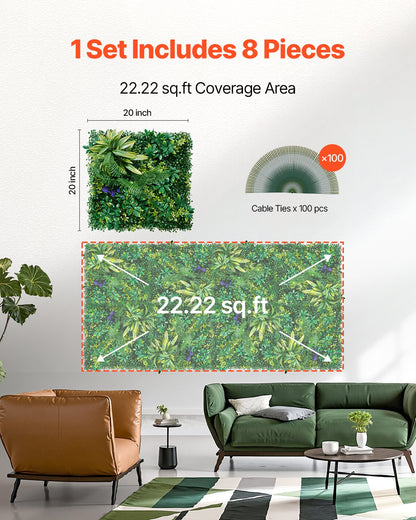 VEVOR Artificial Grass Wall Panels, 8 PCS 20 x 20 inch, 3D Combination Greenery Boxwood  Panel for Indoor Outdoor Green Decor & Ivy Fence Covering, Privacy Backdrop Wall Hedge Screen for Garden