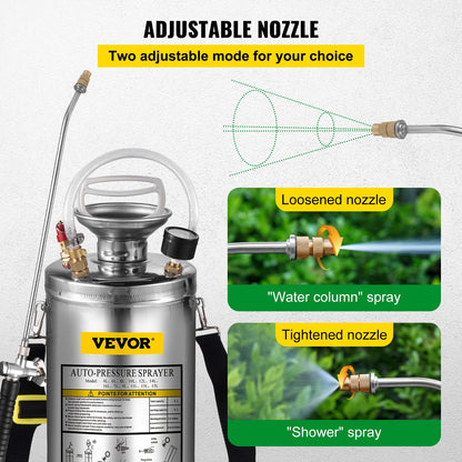 VEVOR 1.5Gal Stainless Steel Sprayer, Set with 16" Wand& Handle& 3.3FT Reinforced Hose, Hand Pump Sprayer with Pressure Gauge&Safety Valve, Adjustable Nozzle Suitable for Gardening& Sanitizing