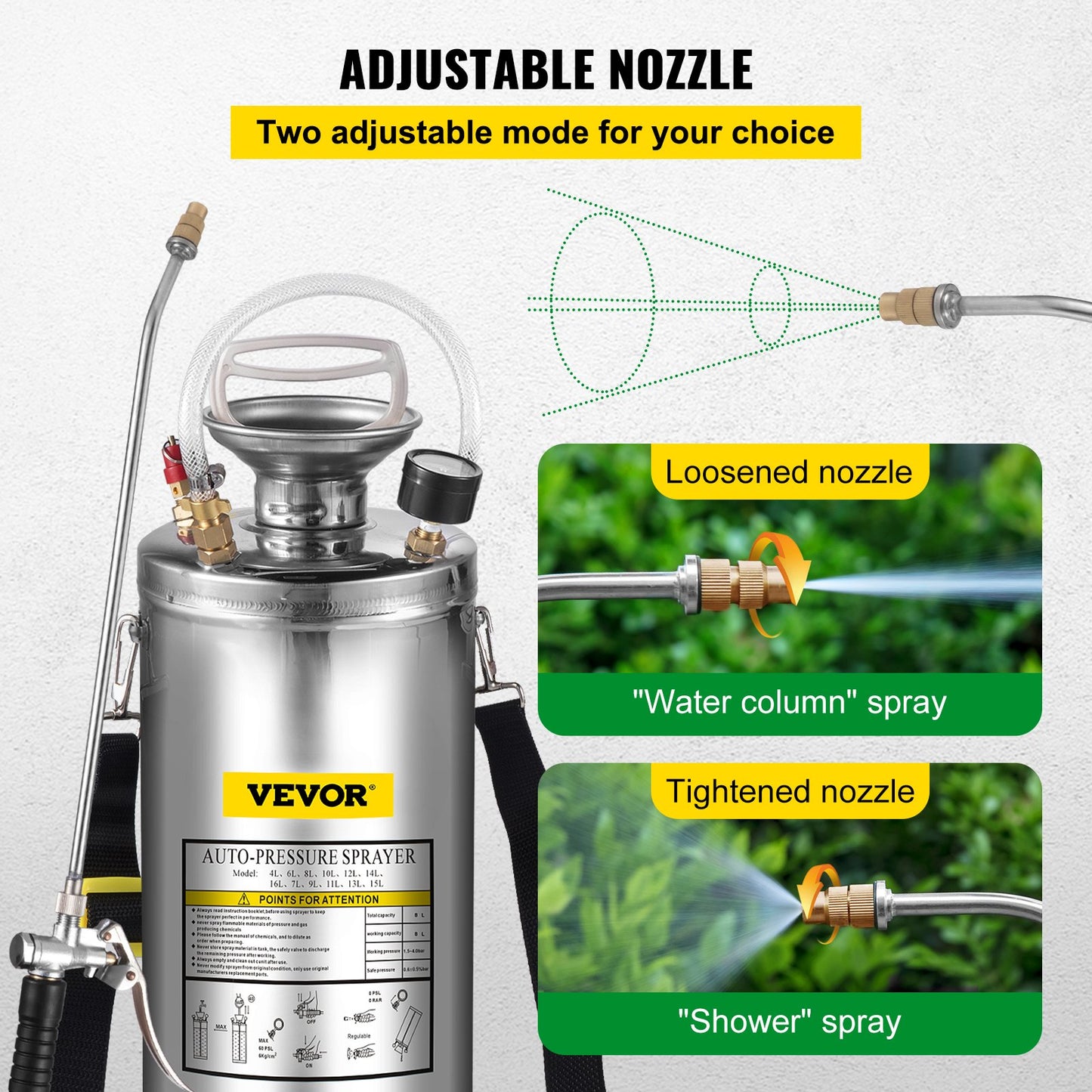 VEVOR 2Gal Stainless Steel Sprayer, Set with 20\" Wand& Handle& 3FT Reinforced Hose, Hand Pump Sprayer with Pressure Gauge&Safety Valve, Adjustable Nozzle Suitable for Gardening and Sanitizing