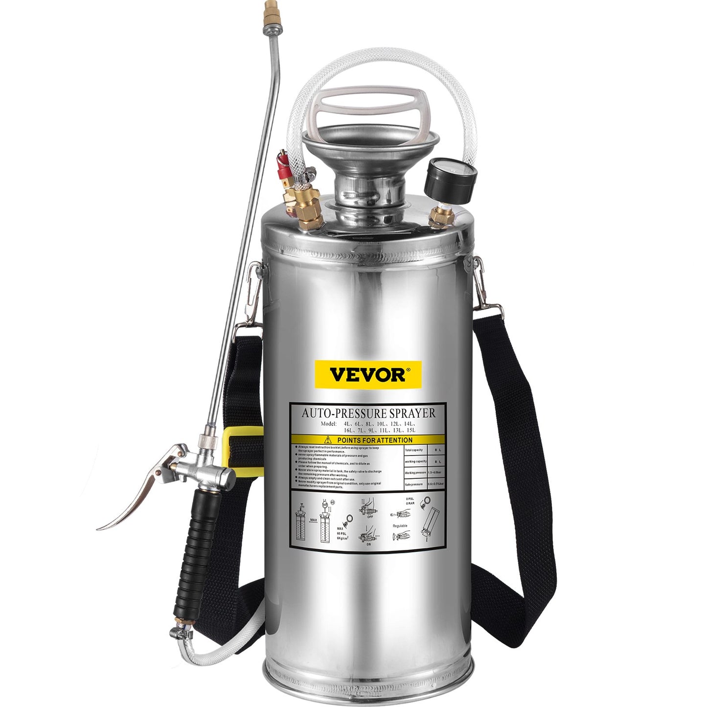 VEVOR 2Gal Stainless Steel Sprayer, Set with 20\" Wand& Handle& 3FT Reinforced Hose, Hand Pump Sprayer with Pressure Gauge&Safety Valve, Adjustable Nozzle Suitable for Gardening and Sanitizing