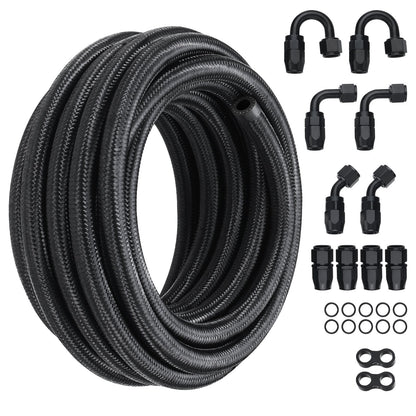 VEVOR 6AN Fuel Line Kit, 6.1 m Fuel Hose Kit, 0.86 cm Nylon Stainless Steel Braided Fuel Line Oil/Gas/Diesel Hose End Fitting Kit, with 12 PCS Swivel Fitting Adapter Kit, Black