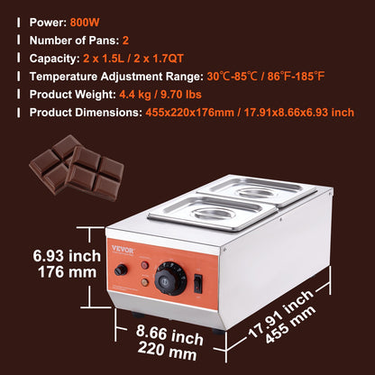 VEVOR Chocolate Tempering Machine, 2 Tanks Chocolate Melting Pot with TEMP Control, 800W Stainless Steel Electric Commercial Food Warmer For Chocolate/Milk/Cream Melting and Heating
