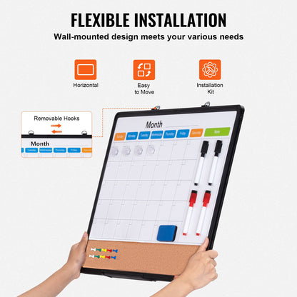 VEVOR 24"x 18" Monthly Calendar Whiteboard & Cork Board Combo with Aluminum Frame – 2-in-1 Magnetic Dry Erase Bulletin Board for Wall Mount – Ideal for School, Home, Office