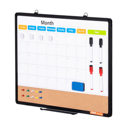 VEVOR 24"x 18" Monthly Calendar Whiteboard & Cork Board Combo with Aluminum Frame – 2-in-1 Magnetic Dry Erase Bulletin Board for Wall Mount – Ideal for School, Home, Office