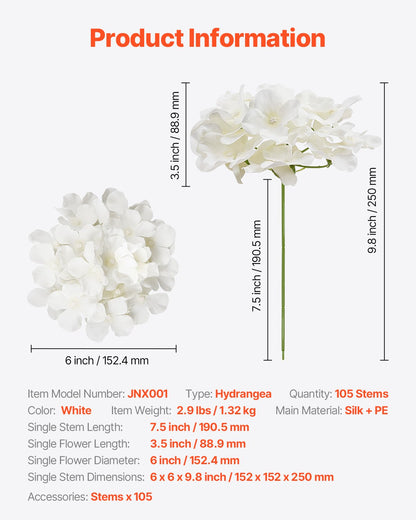 VEVOR Artificial Flowers, 105 pcs Real Looking White Silk Fake Hydrangea Bulk, White Faux Bridal Shower with Stems for DIY Wedding Bouquets, Home Centerpieces Arrangements, Party Tables Decorations