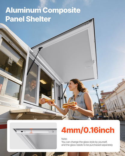 VEVOR Concession Window 1346x838 mm, Aluminum Alloy Service Window for Food Truck, Up to 85 Degrees Stand Serving Window with 4 Sliding Windows, Awning Door, and Drag Hook, for Concession Trailers
