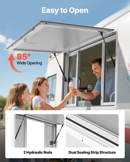 VEVOR Concession Window 1346x838 mm, Aluminum Alloy Service Window for Food Truck, Up to 85 Degrees Stand Serving Window with 4 Sliding Windows, Awning Door, and Drag Hook, for Concession Trailers