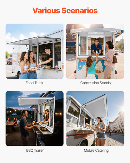 VEVOR Concession Window 1346x838 mm, Aluminum Alloy Service Window for Food Truck, Up to 85 Degrees Stand Serving Window with 4 Sliding Windows, Awning Door, and Drag Hook, for Concession Trailers