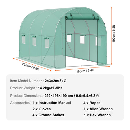 VEVOR Walk-in Tunnel Greenhouse 9.58x6.43x6.23ft Galvanized Frame PE Cover Green