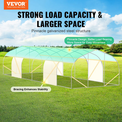 VEVOR Walk-in Tunnel Greenhouse, 29.5x9.8x6.6 ft Hoop House Greenhouse Tunnel, Peaked Roof Plant Hot House with Galvanized Steel Frame, Green PE Cover, Roll-up Zipper Door and 12 Windows for Outdoor