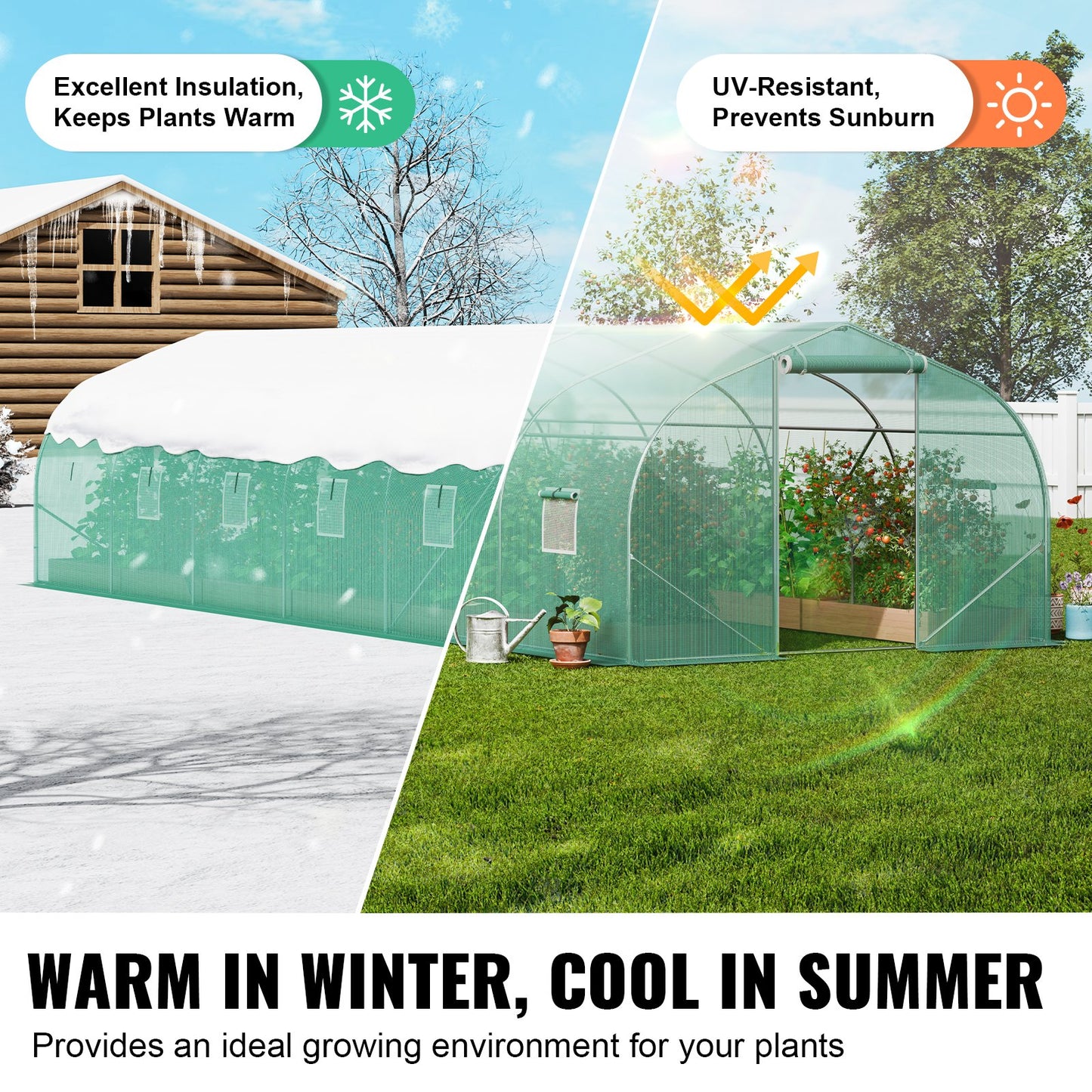 VEVOR Walk-in Tunnel Greenhouse, 29.5x9.8x6.6 ft Hoop House Greenhouse Tunnel, Peaked Roof Plant Hot House with Galvanized Steel Frame, Green PE Cover, Roll-up Zipper Door and 12 Windows for Outdoor