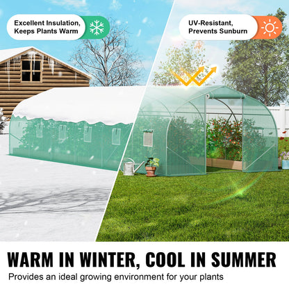 VEVOR Walk-in Tunnel Greenhouse, 29.5x9.8x6.6 ft Hoop House Greenhouse Tunnel, Peaked Roof Plant Hot House with Galvanized Steel Frame, Green PE Cover, Roll-up Zipper Door and 12 Windows for Outdoor