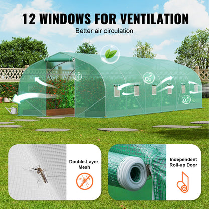 VEVOR Walk-in Tunnel Greenhouse, 29.5x9.8x6.6 ft Hoop House Greenhouse Tunnel, Peaked Roof Plant Hot House with Galvanized Steel Frame, Green PE Cover, Roll-up Zipper Door and 12 Windows for Outdoor