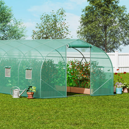 VEVOR Walk-in Tunnel Greenhouse, 29.5x9.8x6.6 ft Hoop House Greenhouse Tunnel, Peaked Roof Plant Hot House with Galvanized Steel Frame, Green PE Cover, Roll-up Zipper Door and 12 Windows for Outdoor