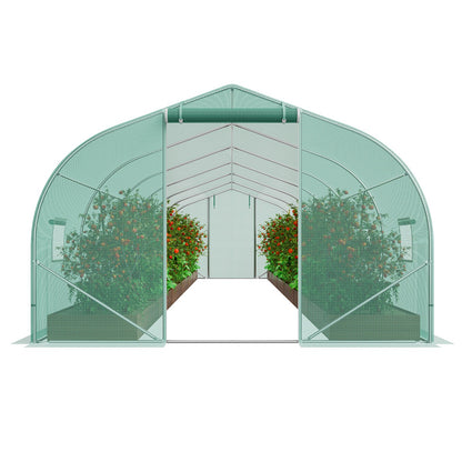 VEVOR Walk-in Tunnel Greenhouse, 29.5x9.8x6.6 ft Hoop House Greenhouse Tunnel, Peaked Roof Plant Hot House with Galvanized Steel Frame, Green PE Cover, Roll-up Zipper Door and 12 Windows for Outdoor
