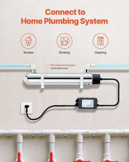 VEVOR UV Water Purifier, 12W 1GPM, 220V Versatile Ultraviolet Water Purifier Filter with Stainless Steel Housing, Whole House UV Water Filter with Quartz Sleeve Fit for Shower/Drinking/Cleaning