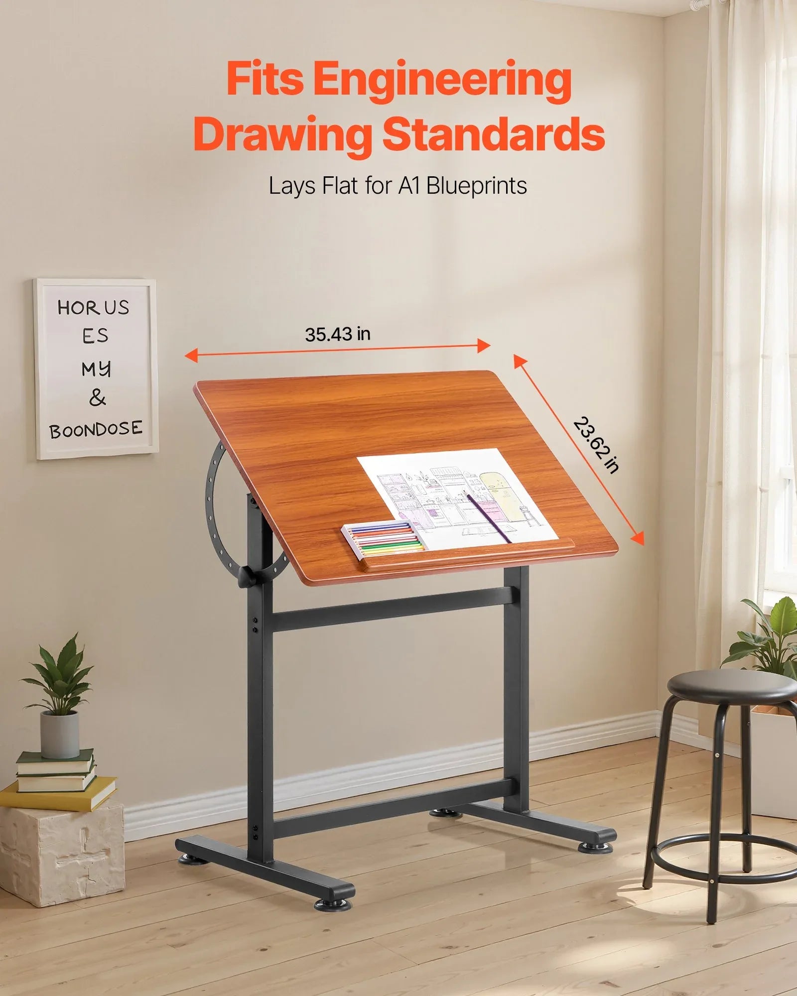 VEVOR Drafting Table Adjustable 0°–90° Tilt Wooden Drawing Desk with H-Frame - Mekamart Australia