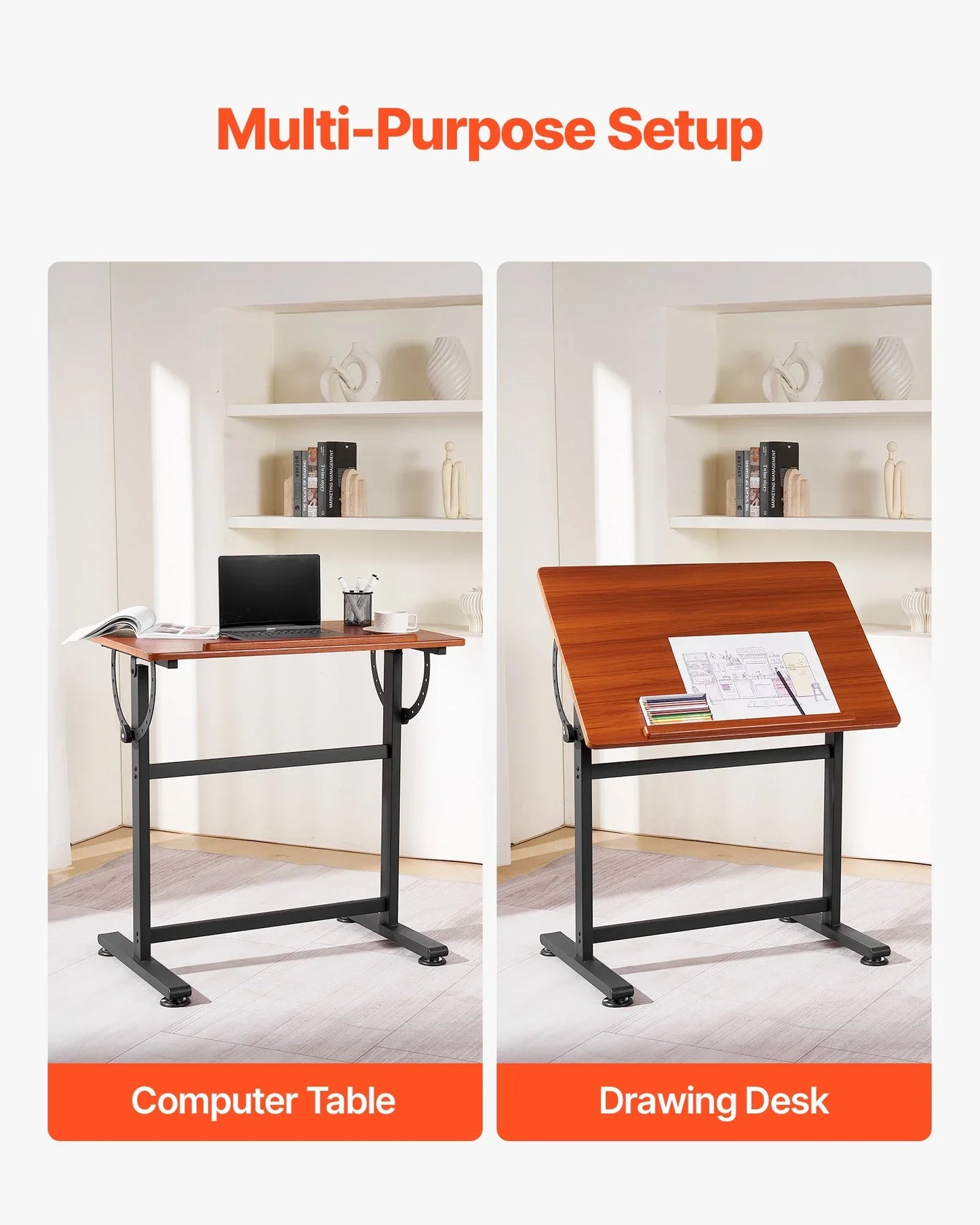 VEVOR Drafting Table Adjustable 0°–90° Tilt Wooden Drawing Desk with H-Frame - Mekamart Australia