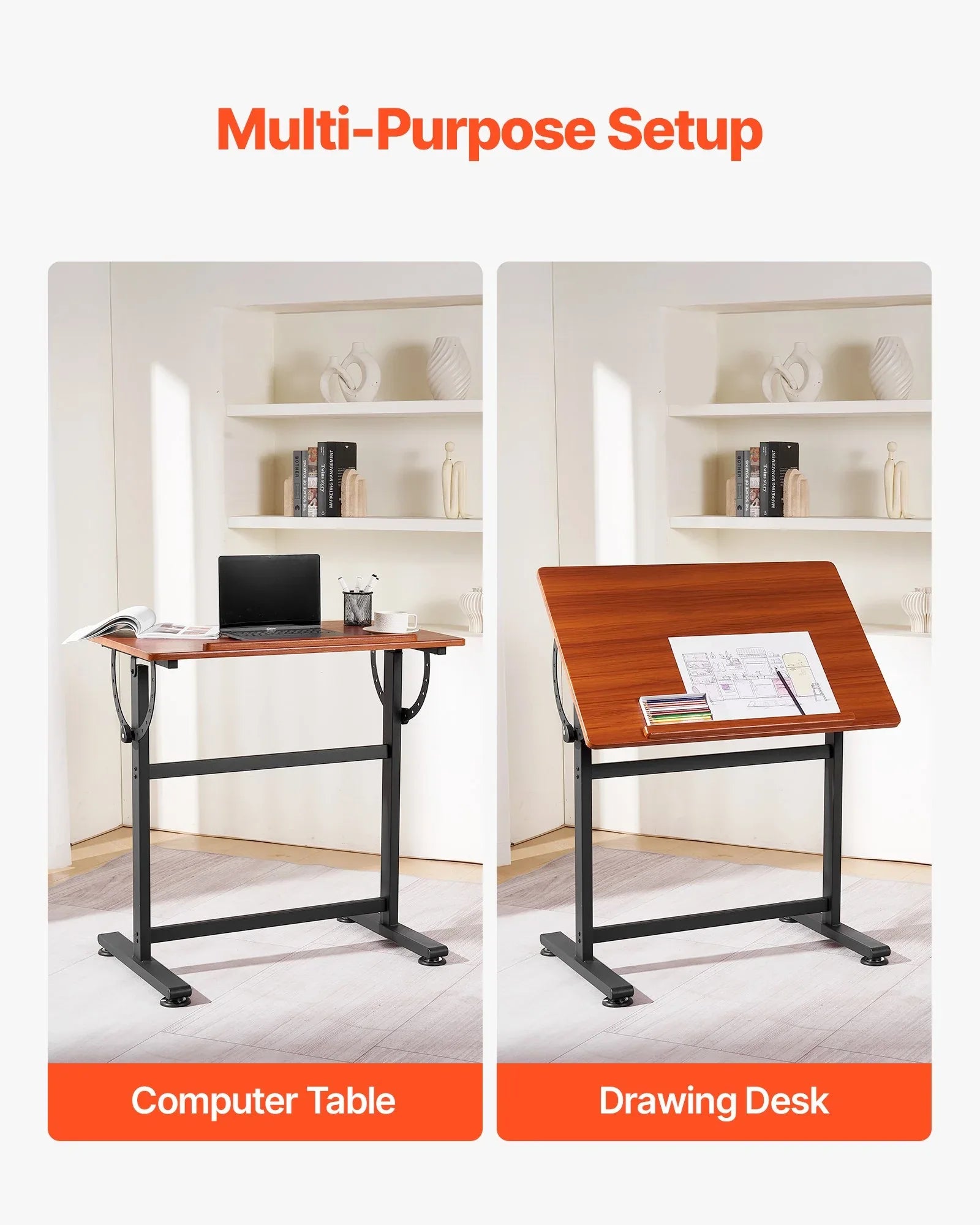 VEVOR Drafting Table Adjustable 0°–90° Tilt Wooden Drawing Desk with H-Frame - Mekamart Australia