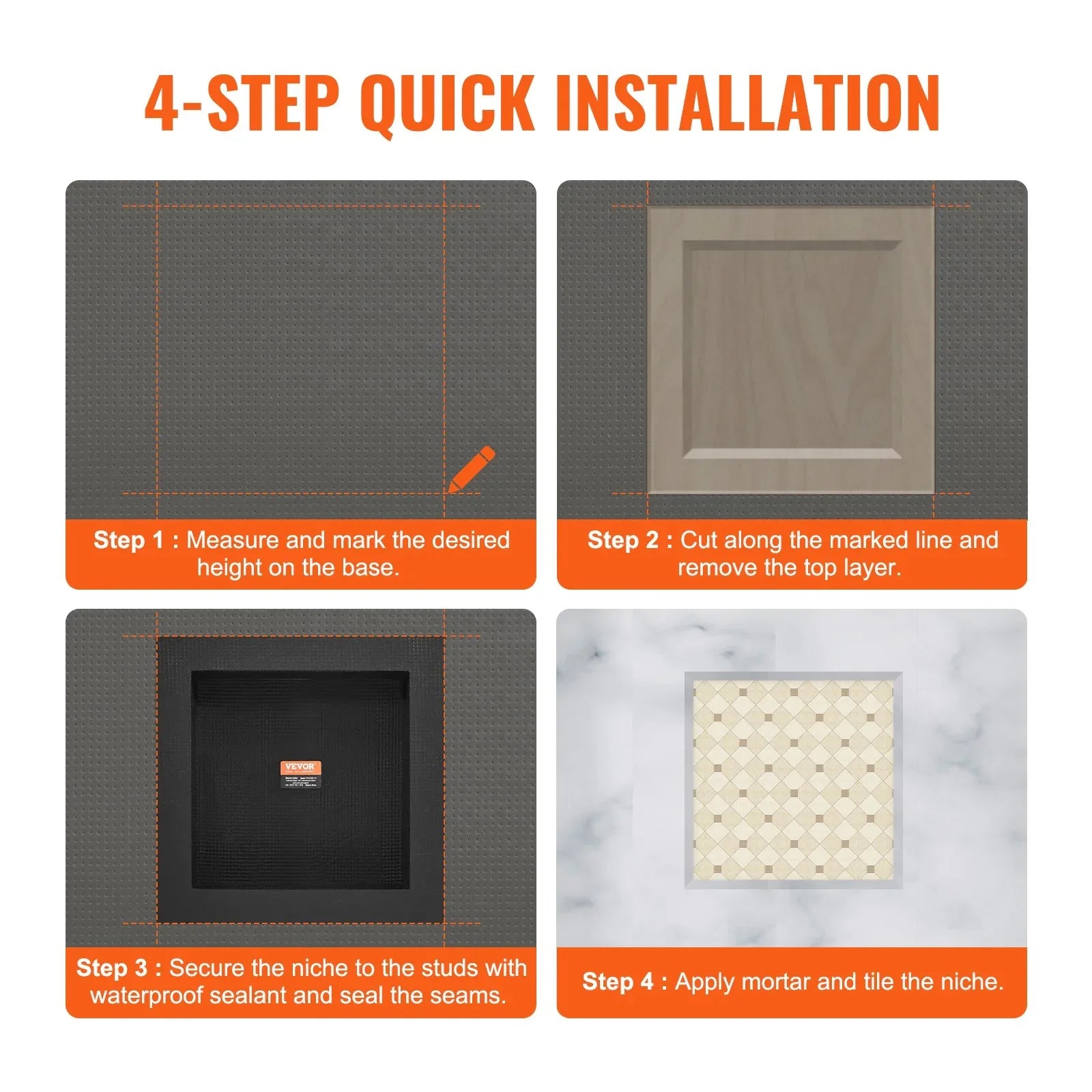 VEVOR Shower Niche Ready for Tile 40.64 x 40.64 cm, Single Shelf Organizer, Square Corners Wall-inserted Niche Recessed, Sealed Protection Modern Soap Storage Niche for Shower Bathroom, Black - Mekamart Australia