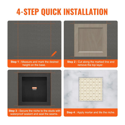 VEVOR Shower Niche Ready for Tile 40.64 x 40.64 cm, Single Shelf Organizer, Square Corners Wall-inserted Niche Recessed, Sealed Protection Modern Soap Storage Niche for Shower Bathroom, Black - Mekamart Australia