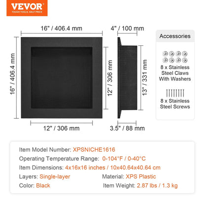 VEVOR Shower Niche Ready for Tile 40.64 x 40.64 cm, Single Shelf Organizer, Square Corners Wall-inserted Niche Recessed, Sealed Protection Modern Soap Storage Niche for Shower Bathroom, Black - Mekamart Australia