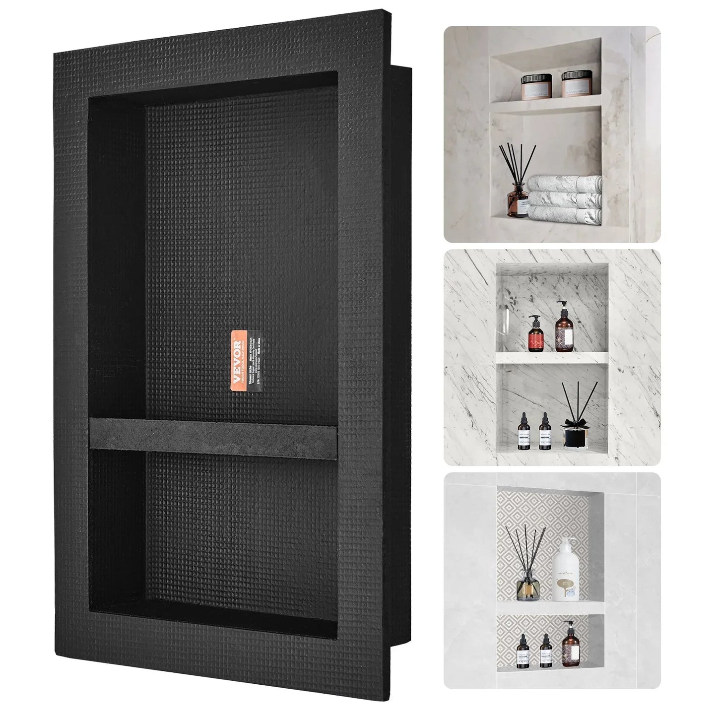 VEVOR Shower Niche Ready for Tile 40.64 x 60.96 cm, 16 x 24 inch Double Shelf Organizer, Square Corners Wall-inserted Niche Recessed, Sealed Protection Modern Soap Storage Niche for Shower Bathroom, Black - Mekamart Australia