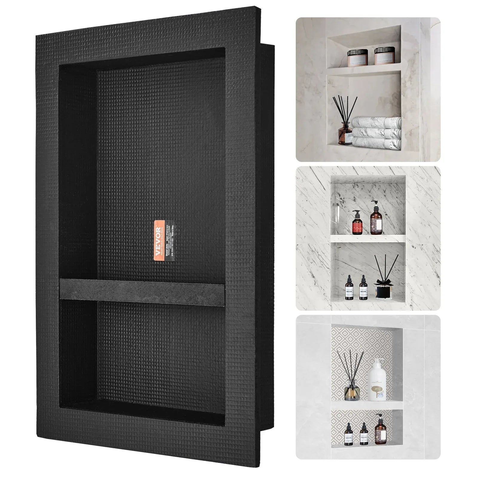 VEVOR Shower Niche Ready for Tile 40.64 x 60.96 cm, 16 x 24 inch Double Shelf Organizer, Square Corners Wall-inserted Niche Recessed, Sealed Protection Modern Soap Storage Niche for Shower Bathroom, Black - Mekamart Australia