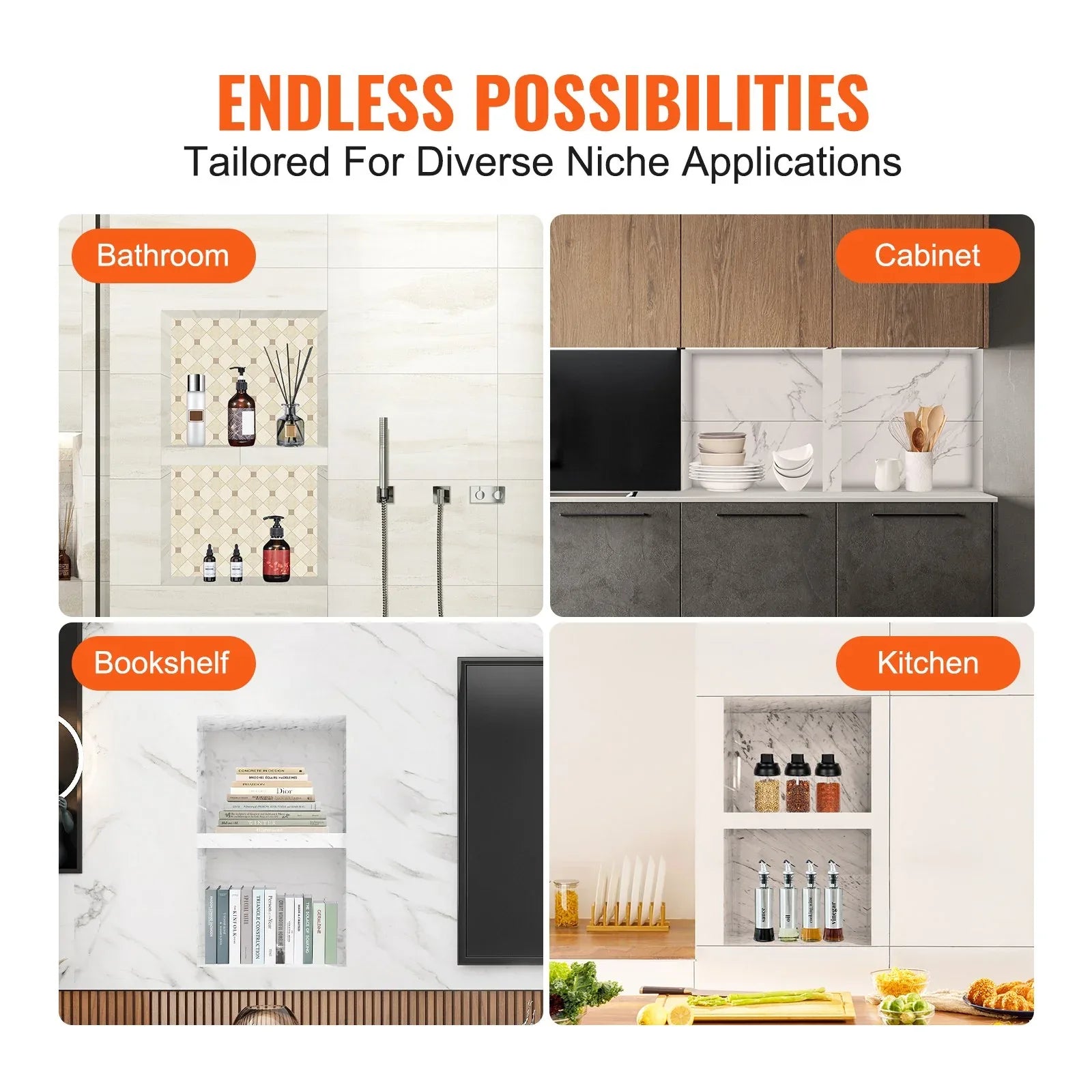 VEVOR Shower Niche Ready for Tile 40.64 x 60.96 cm, 16 x 24 inch Double Shelf Organizer, Square Corners Wall-inserted Niche Recessed, Sealed Protection Modern Soap Storage Niche for Shower Bathroom, Black - Mekamart Australia