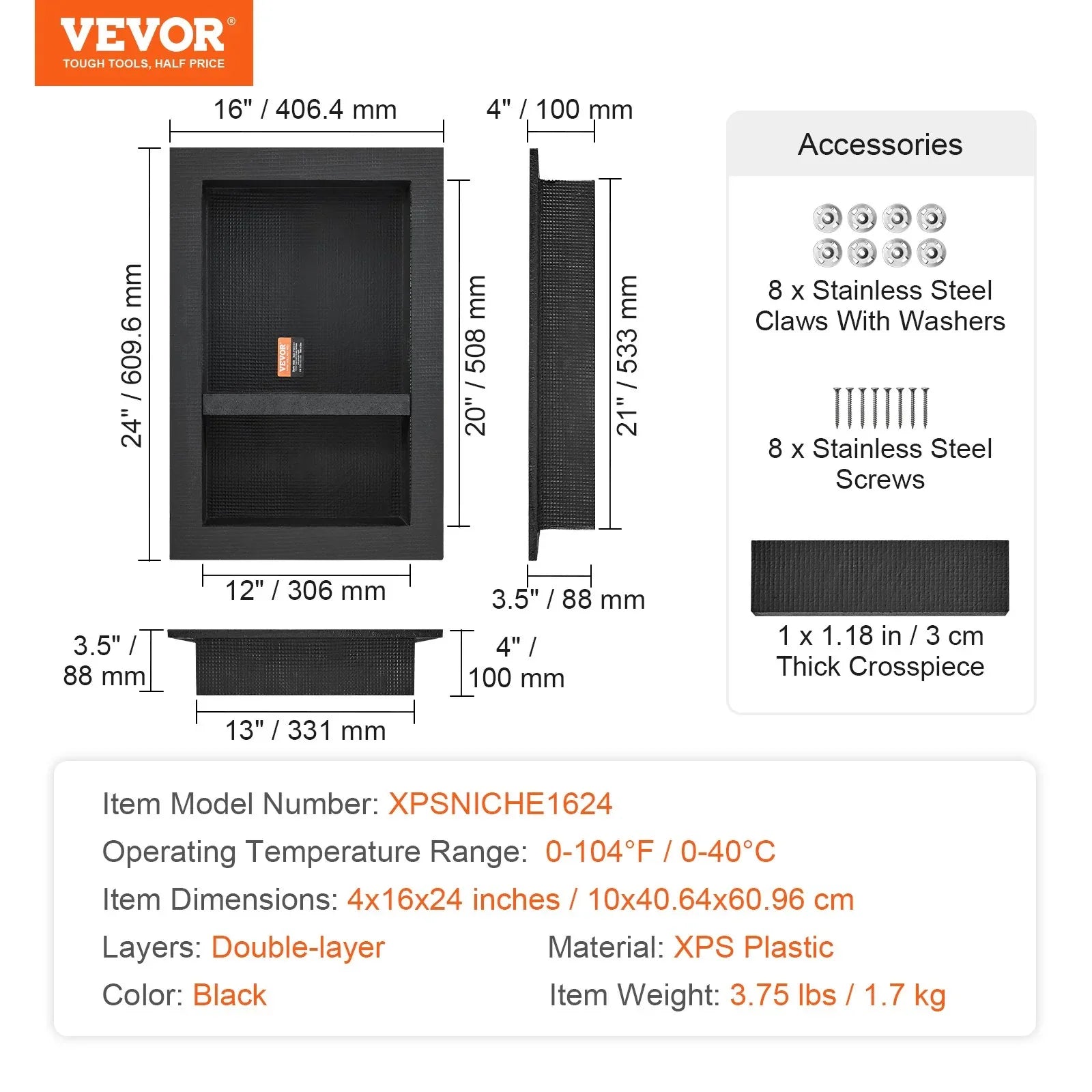 VEVOR Shower Niche Ready for Tile 40.64 x 60.96 cm, 16 x 24 inch Double Shelf Organizer, Square Corners Wall-inserted Niche Recessed, Sealed Protection Modern Soap Storage Niche for Shower Bathroom, Black - Mekamart Australia