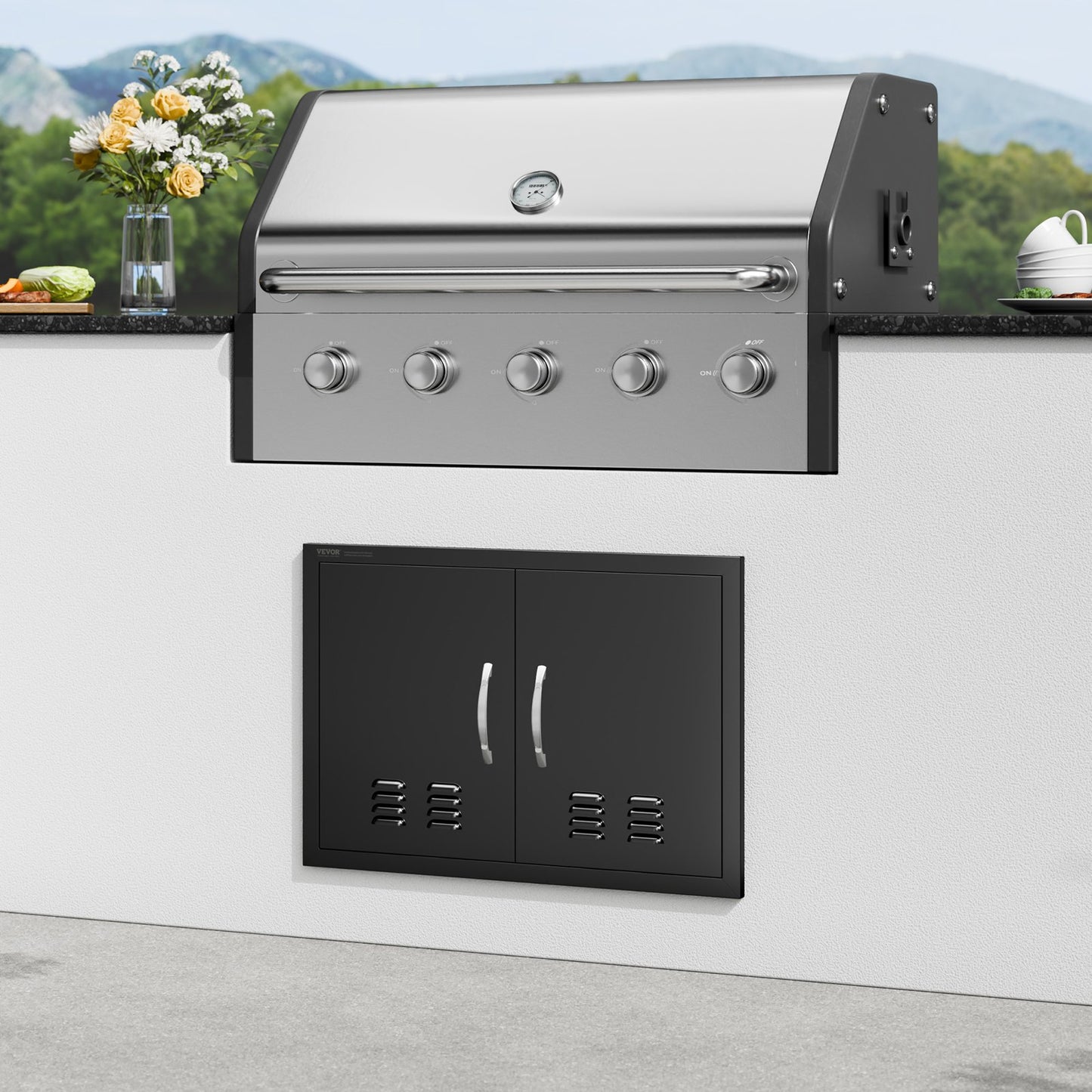 VEVOR BBQ Access Door,762 x533 mm Double Outdoor Kitchen Door, Cold Plate Flush Mount Door, Wall Vertical Door with Handles and Ventss, for BBQ Island, Grilling Station, Outside Cabinet