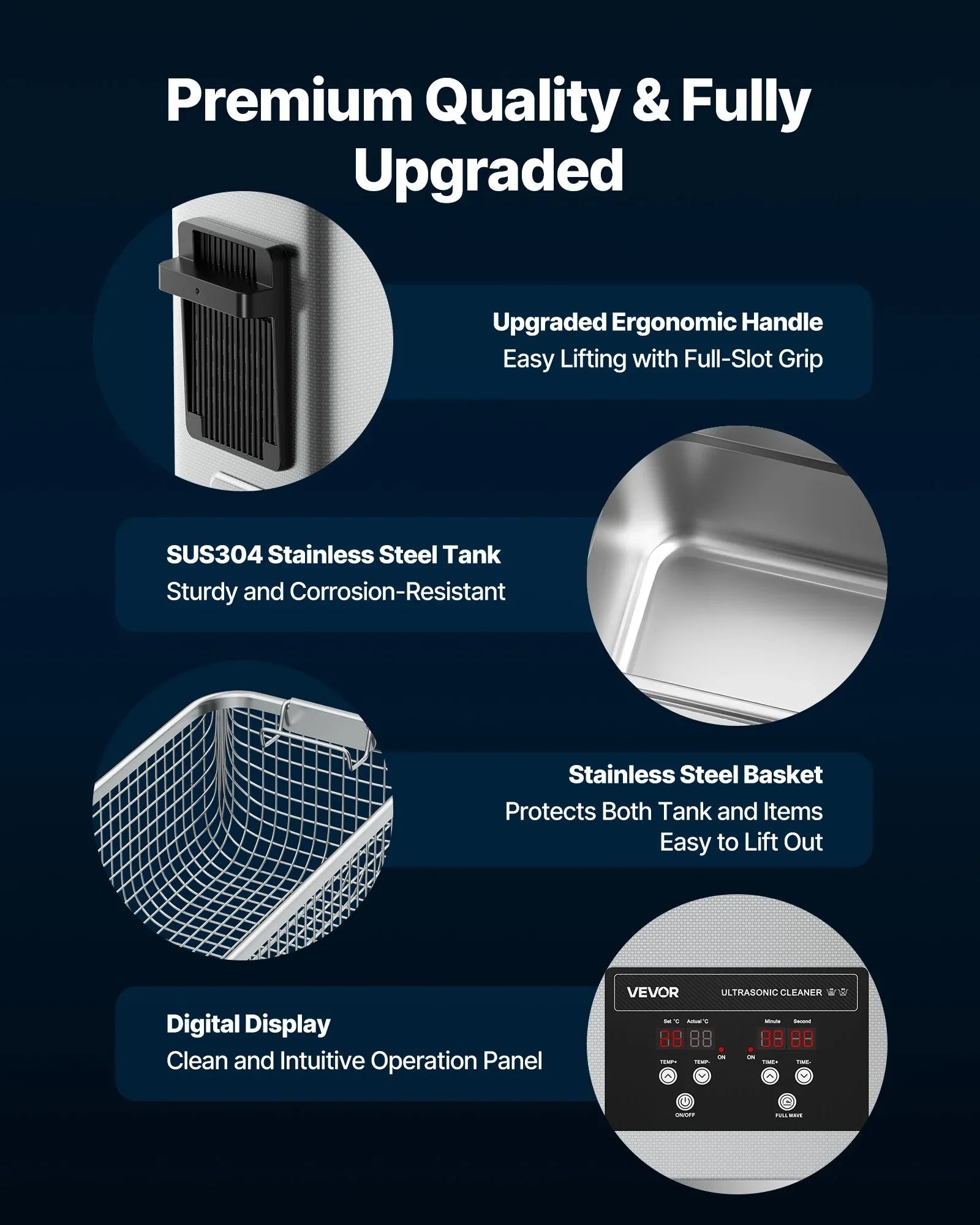 VEVOR 6L Ultrasonic Cleaner, Professional Ultrasonic Cleaner Machine with Cleaning Basket & Digital Display, 120W Stainless Steel 40kHz Cleaning Machine for Watches, Razors, Jewelry, Coins and More - Mekamart Australia