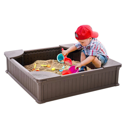 VEVOR Sandbox with Cover, 48.6x48.6x12.4 in Square Sand Box, HDPE Sand Pit with 4 Corner Seating and Bottom Liner, Kids Sandbox for Outdoor Backyard, Beach, Park, Gift for Boys Girls Ages 3-12, Brown