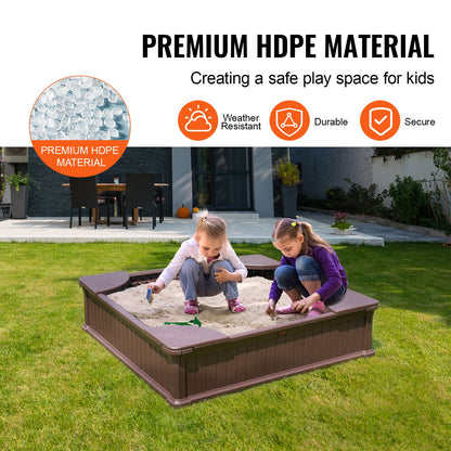 VEVOR Sandbox with Cover, 48.6x48.6x12.4 in Square Sand Box, HDPE Sand Pit with 4 Corner Seating and Bottom Liner, Kids Sandbox for Outdoor Backyard, Beach, Park, Gift for Boys Girls Ages 3-12, Brown