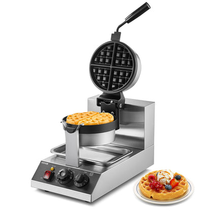 VEVOR Commercial Waffle Maker, 1300W Round Waffle Baker Machine, Non-Stick Stainless Steel Belgian Waffle Iron, Temperature and Time Control, 180° Rotatable, for Restaurant Bakery Snack Bar Family