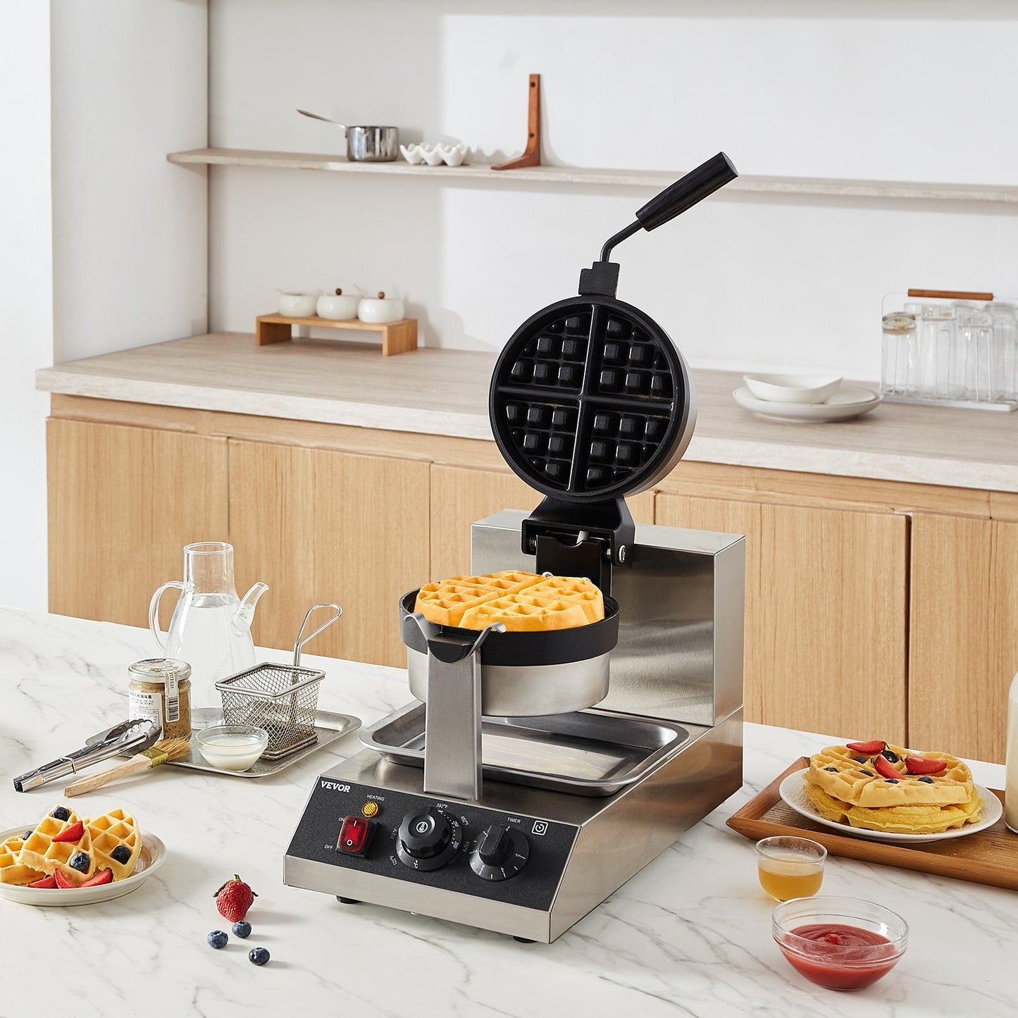 VEVOR Commercial Waffle Maker, 1300W Round Waffle Baker Machine, Non-Stick Stainless Steel Belgian Waffle Iron, Temperature and Time Control, 180° Rotatable, for Restaurant Bakery Snack Bar Family