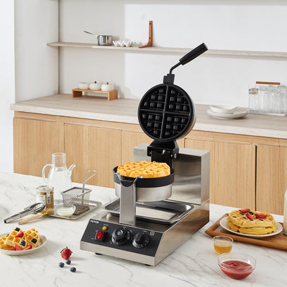 VEVOR Commercial Waffle Maker, 1300W Round Waffle Baker Machine, Non-Stick Stainless Steel Belgian Waffle Iron, Temperature and Time Control, 180° Rotatable, for Restaurant Bakery Snack Bar Family