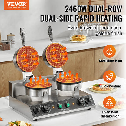 VEVOR Commercial Waffle Maker, Dual-Head Round Waffle Baker Machine, 2460W Non-Stick Stainless Steel Belgian Waffle Iron with Temp and Time Control, Handle, for Restaurant Bakery Snack Bar Family