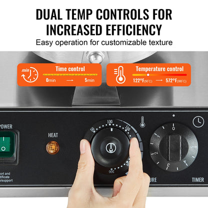 VEVOR Commercial Waffle Maker, Dual-Head Round Waffle Baker Machine, 2460W Non-Stick Stainless Steel Belgian Waffle Iron with Temp and Time Control, Handle, for Restaurant Bakery Snack Bar Family