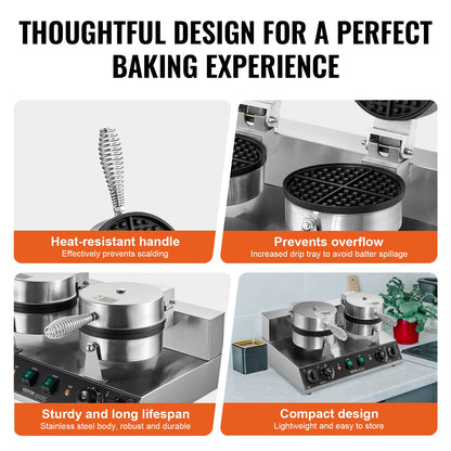 VEVOR Commercial Waffle Maker, Dual-Head Round Waffle Baker Machine, 2460W Non-Stick Stainless Steel Belgian Waffle Iron with Temp and Time Control, Handle, for Restaurant Bakery Snack Bar Family