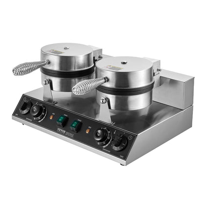 VEVOR Commercial Waffle Maker, Dual-Head Round Waffle Baker Machine, 2460W Non-Stick Stainless Steel Belgian Waffle Iron with Temp and Time Control, Handle, for Restaurant Bakery Snack Bar Family