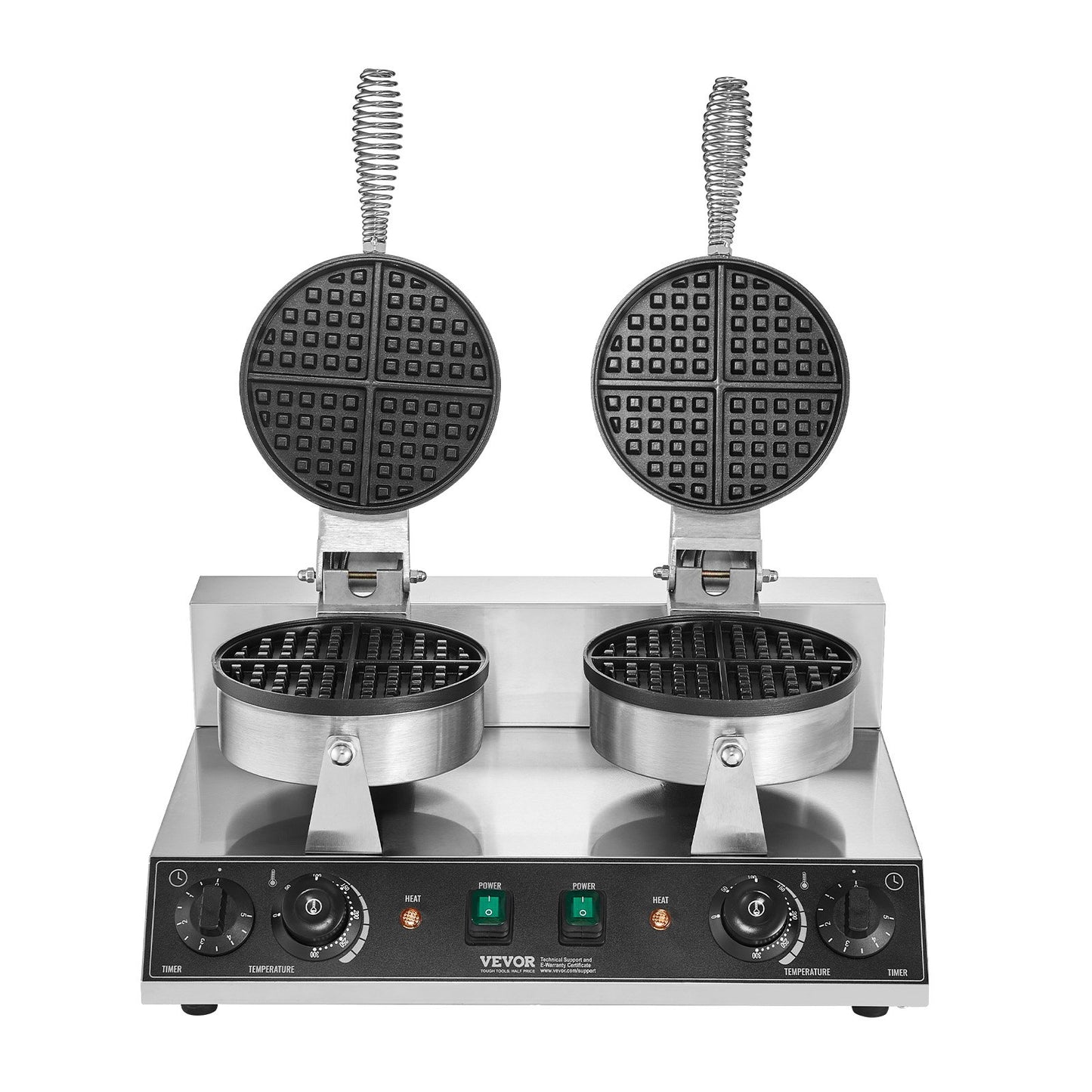 VEVOR Commercial Waffle Maker, Dual-Head Round Waffle Baker Machine, 2460W Non-Stick Stainless Steel Belgian Waffle Iron with Temp and Time Control, Handle, for Restaurant Bakery Snack Bar Family