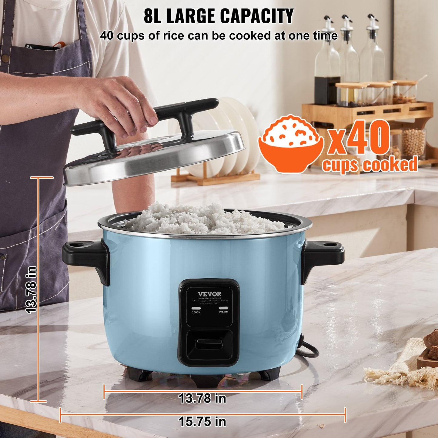 VEVOR Commercial Rice Cooker, 40-Cup Rice Cooker, 8 Liter Large Rice Cooker and Warmer with Nonstick Inner Pot, Fast Cooking and 24-Hour Keep Warm, with Rice Cup and Paddle, for Restaurant