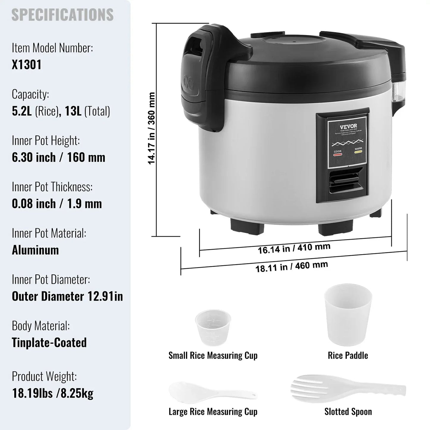 VEVOR Commercial Rice Cooker 60-Cup Non-Stick Pot 13L 12H Keep Warm Restaurant - Mekamart Australia