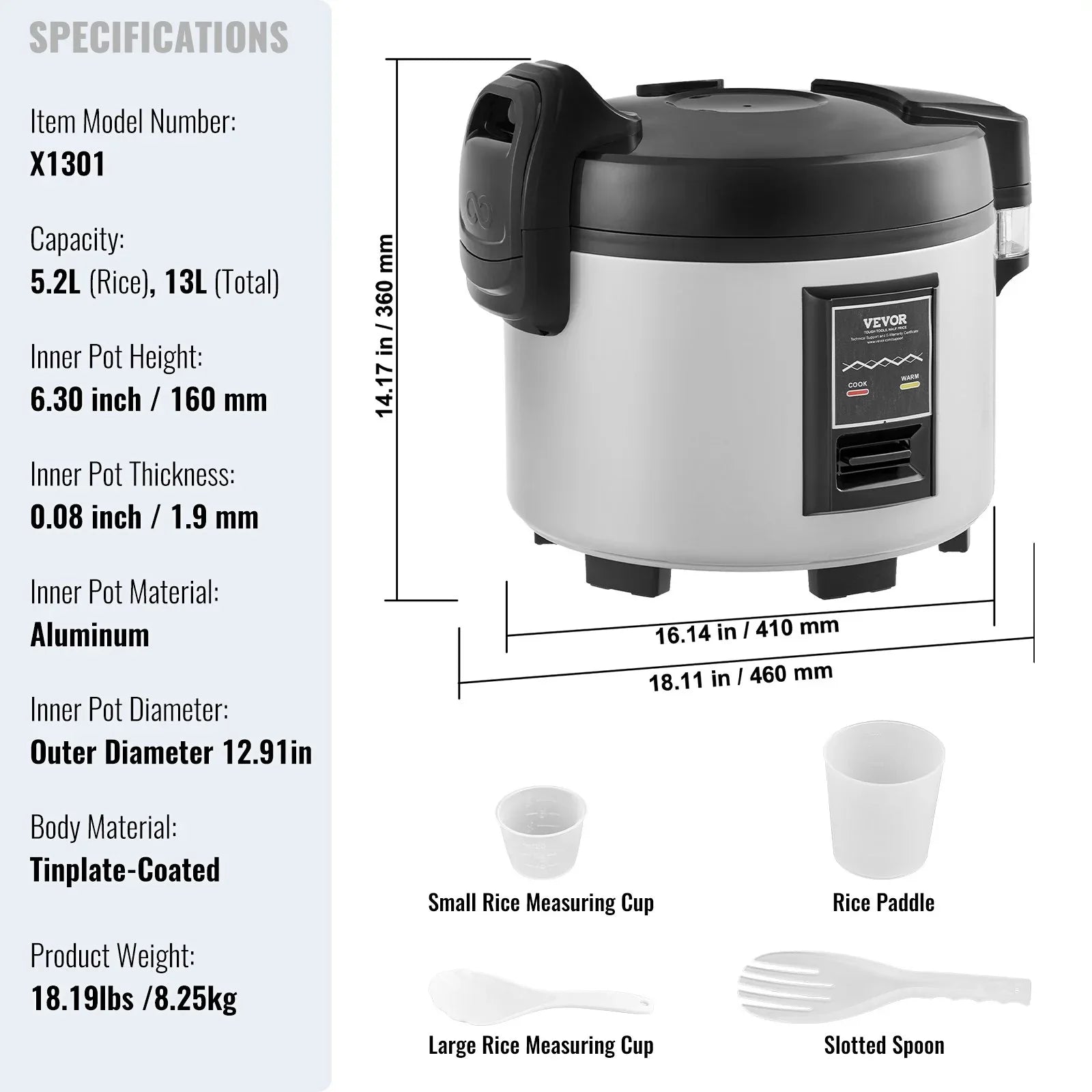VEVOR Commercial Rice Cooker 60-Cup Non-Stick Pot 13L 12H Keep Warm Restaurant - Mekamart Australia