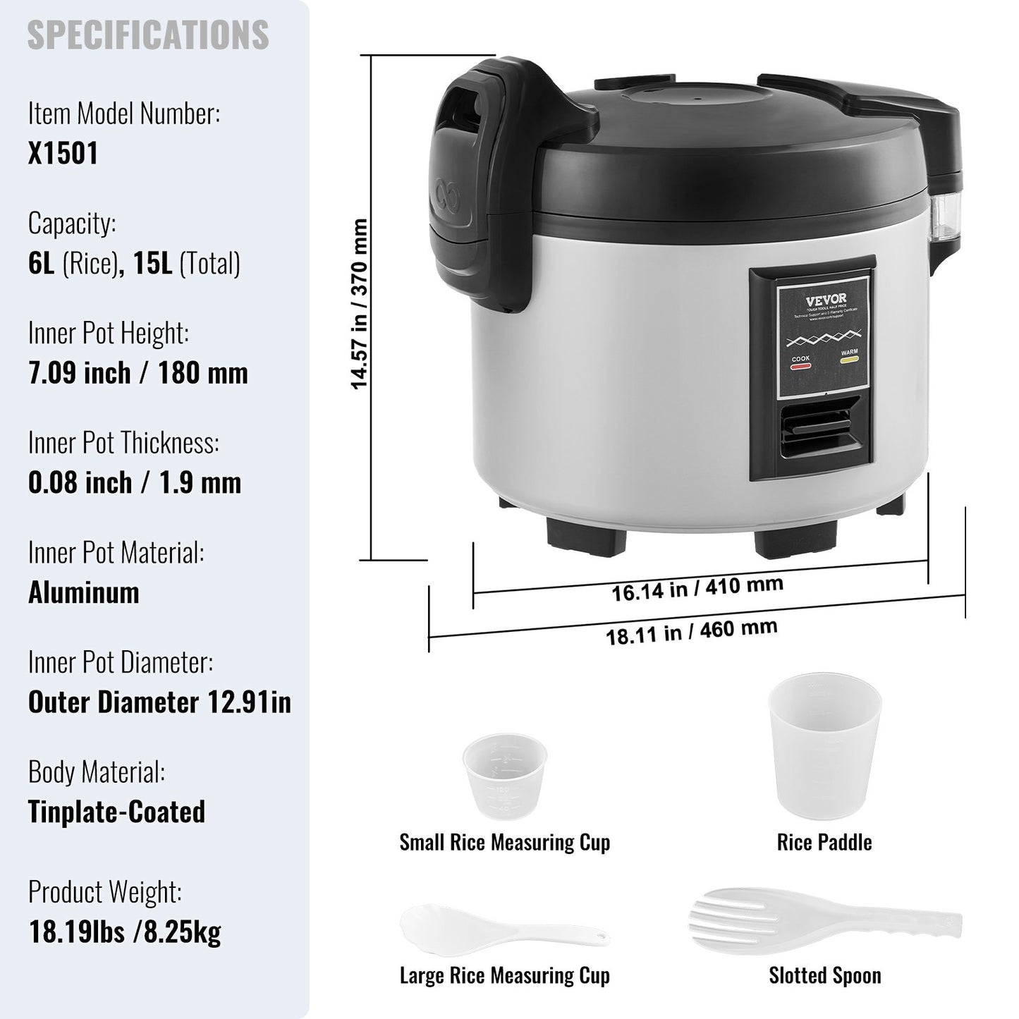 VEVOR Commercial Rice Cooker, 70-Cup Rice Cooker, 15 Liter Large Rice Cooker and Warmer with Nonstick Inner Pot, Fast Cooking and 12-Hour Keep Warm, with Rice Cup and Paddle, for Restaurant
