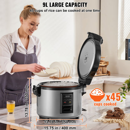 VEVOR Commercial Rice Cooker, 45-Cup Rice Cooker, 9 Liter Large Rice Cooker and Warmer with Nonstick Inner Pot, Fast Cooking and 12-Hour Keep Warm, with Rice Cup and Paddle, for Restaurant
