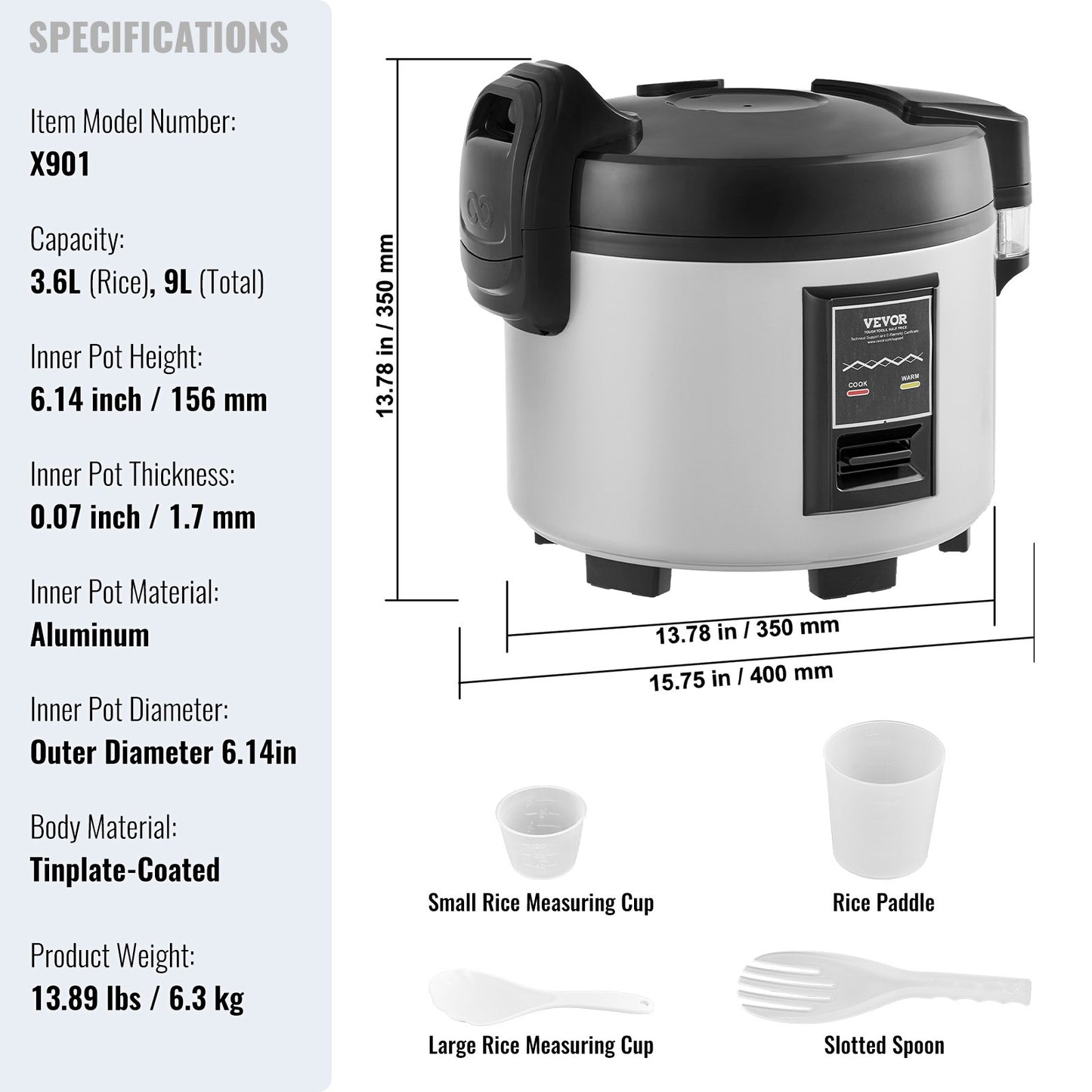 VEVOR Commercial Rice Cooker, 45-Cup Rice Cooker, 9 Liter Large Rice Cooker and Warmer with Nonstick Inner Pot, Fast Cooking and 12-Hour Keep Warm, with Rice Cup and Paddle, for Restaurant