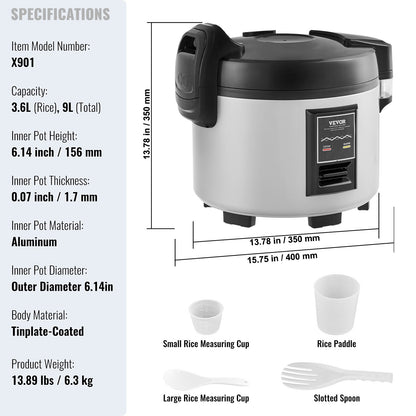 VEVOR Commercial Rice Cooker, 45-Cup Rice Cooker, 9 Liter Large Rice Cooker and Warmer with Nonstick Inner Pot, Fast Cooking and 12-Hour Keep Warm, with Rice Cup and Paddle, for Restaurant